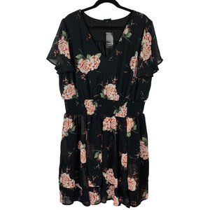 Torrid Black Floral Smocked Georgette Dress Size 2X V-Neck Tiered